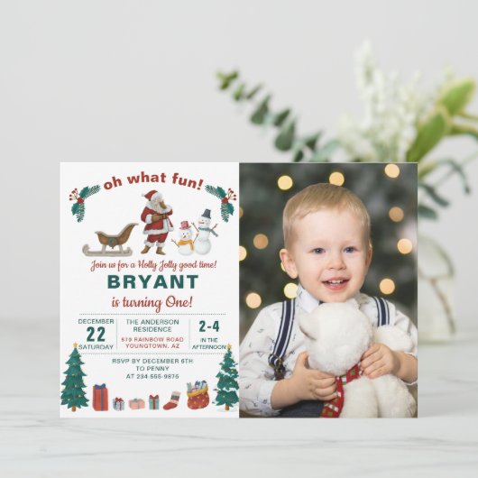 ああ何おもしろいサンタクロース誕生日写真 招待状 (スタンド正面)