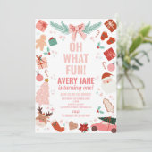 ああ何おもしろいピンクのクリスマス冬の最初の誕生日 招待状 (スタンド正面)