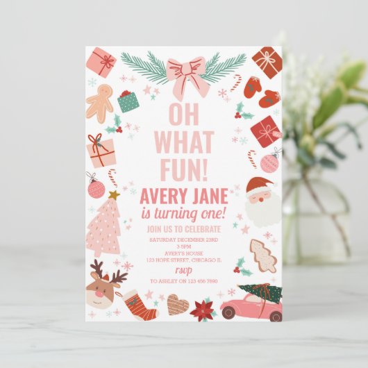 ああ何おもしろいピンクのクリスマス冬の最初の誕生日 招待状 (スタンド正面)