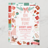 ああ何おもしろいピンクのクリスマス冬の最初の誕生日 招待状 (正面/裏面)