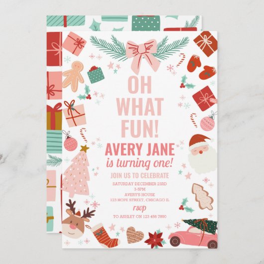 ああ何おもしろいピンクのクリスマス冬の最初の誕生日 招待状 (正面/裏面)