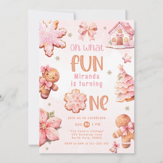 ああ何おもしろいピンクのクリスマス1歳の誕生日 招待状 (正面)