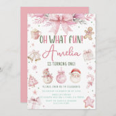 ああ何おもしろいピンククリスマスウィンターファースト誕生日 招待状 (正面/裏面)