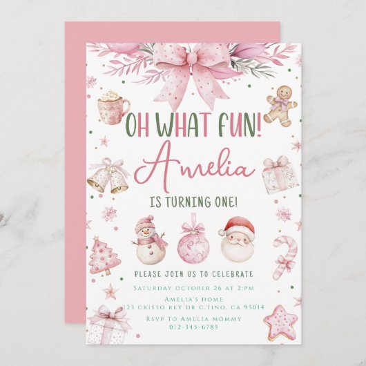 ああ何おもしろいピンククリスマスウィンターファースト誕生日 招待状 (正面/裏面)
