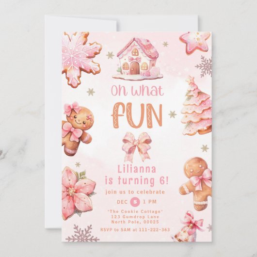 ああ何おもしろいピンククリスマスガール誕生日パーティー 招待状 (正面)