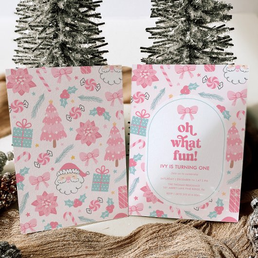 ああ何おもしろいピンククリスマス1st誕生日招待状 招待状