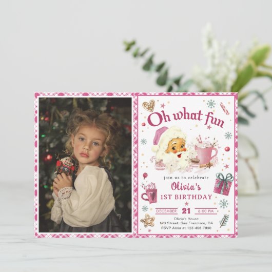 ああ何おもしろいピンクサンタクリスマスクッキー誕生日 招待状 (スタンド正面)