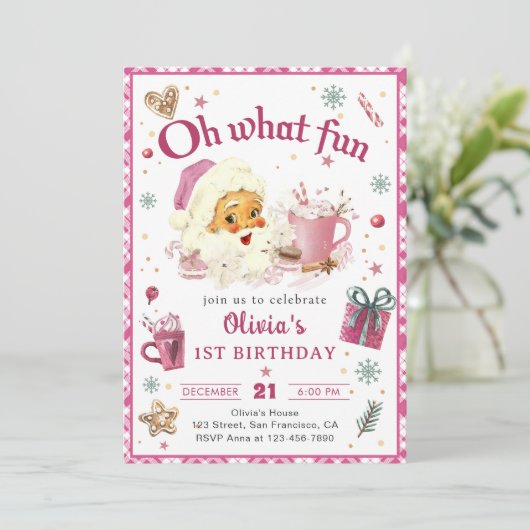 ああ何おもしろいピンクサンタクリスマスクッキー誕生日 招待状 (スタンド正面)