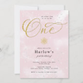 ああ何おもしろいピンクスノーフレーク1st誕生日招待状 案内状 (正面)