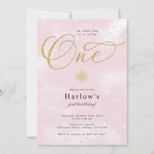 ああ何おもしろいピンクスノーフレーク1st誕生日招待状 案内状 (正面)