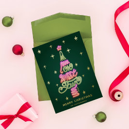 ああ何おもしろいピンク&グリーンネオンサインのクリスマスツリー 箔シーズンカード