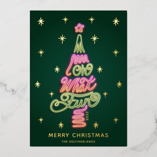 ああ何おもしろいピンク&グリーンネオンサインのクリスマスツリー 箔シーズンカード (正面)