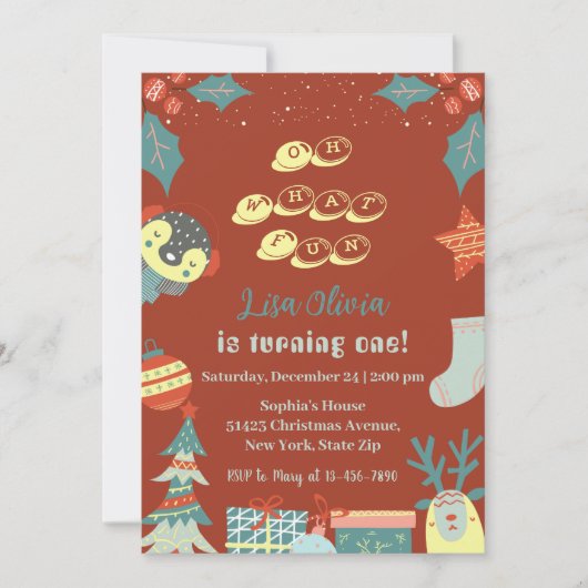 ああ何おもしろいホリデークリスマス1st誕生日パーティー 招待状 (正面)