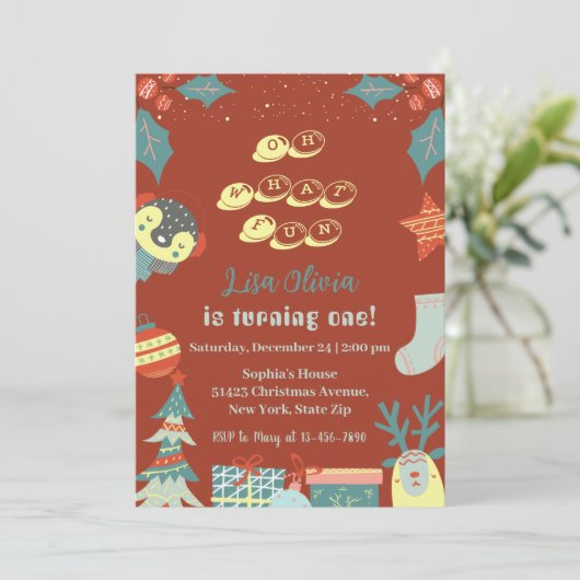 ああ何おもしろいホリデークリスマス1st誕生日パーティー 招待状 (スタンド正面)