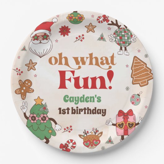 ああ何おもしろいレトロクリスマスファースト誕生日 ペーパープレート (正面)