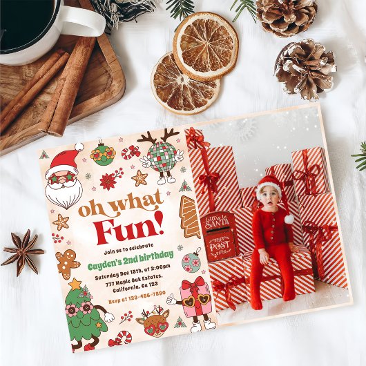 ああ何おもしろいレトロクリスマス2nd誕生日フォト 招待状