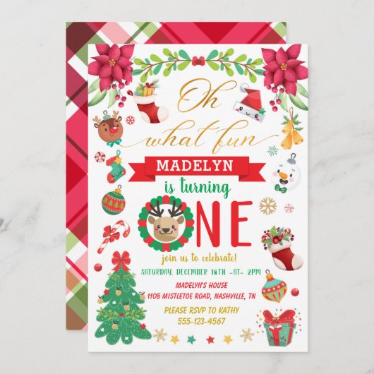 ああ何おもしろいワンクリスマス誕生日 招待状 (正面/裏面)