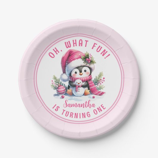ああ何おもしろい冬かわいいペンギン女の子1歳の誕生日 ペーパープレート (正面)