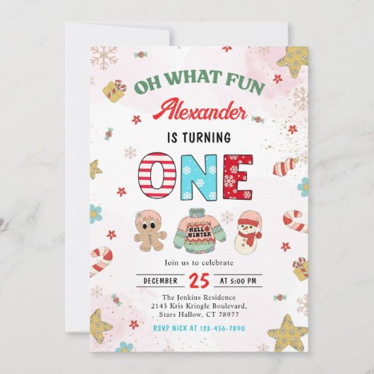 ああ何おもしろい冬クリスマス1st誕生日 招待状 (正面)