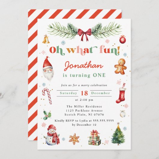 ああ何おもしろい初めてのクリスマス誕生日パーティー任意の年齢 招待状 (正面/裏面)