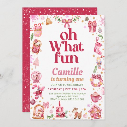 ああ何おもしろい女の子クリスマス誕生日 招待状 (正面/裏面)