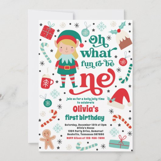 ああ何おもしろい小妖精や小人クリスマス1st誕生日パーティー 招待状 (正面)