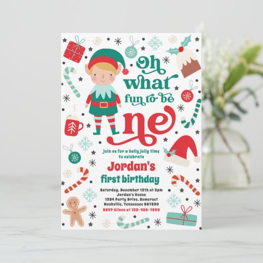 ああ何おもしろい小妖精や小人クリスマス1st誕生日パーティー 招待状 (スタンド正面)