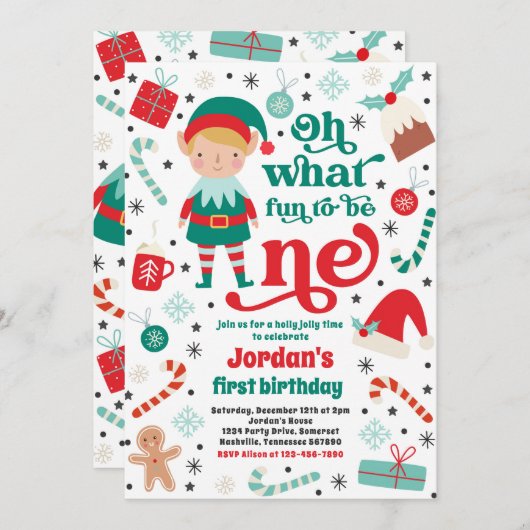 ああ何おもしろい小妖精や小人クリスマス1st誕生日パーティー 招待状 (正面/裏面)