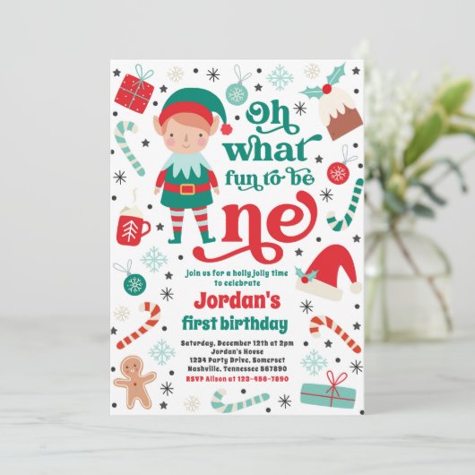 ああ何おもしろい小妖精や小人クリスマス1st誕生日パーティー 招待状 (スタンド正面)