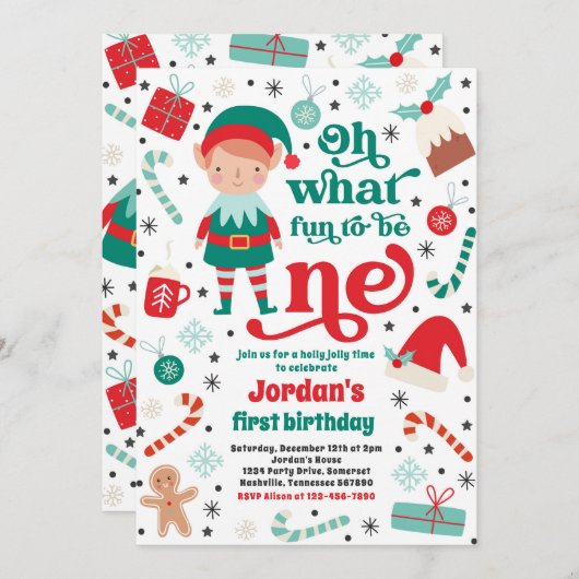 ああ何おもしろい小妖精や小人クリスマス1st誕生日パーティー 招待状 (正面/裏面)