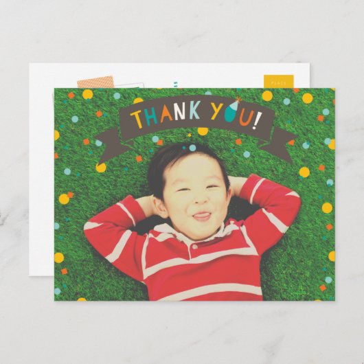 ああ何おもしろい紙吹雪少年誕生日ありがとう写真 ポストカード (正面/裏面)