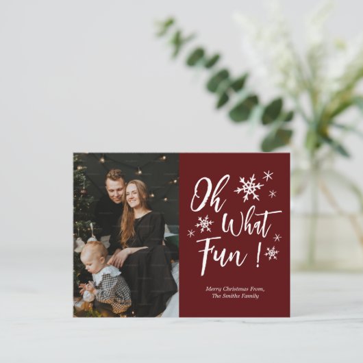 ああ何おもしろい赤い書道の雪片写真 シーズンポストカード (スタンド正面)