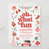 ああ何おもしろい赤とピンクのクリスマスファースト誕生日 招待状 (正面)