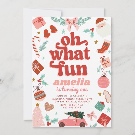 ああ何おもしろい赤とピンクのクリスマスファースト誕生日 招待状 (正面)