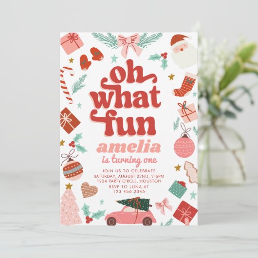 ああ何おもしろい赤とピンクのクリスマスファースト誕生日 招待状 (スタンド正面)