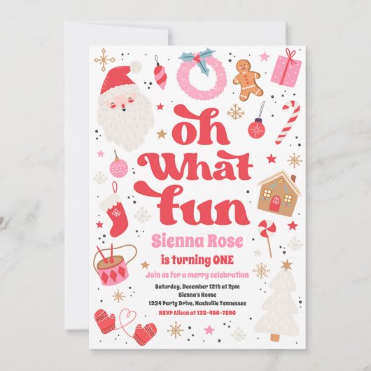 ああ何おもしろい赤とピンクのクリスマス誕生日パーティー 招待状 (正面)