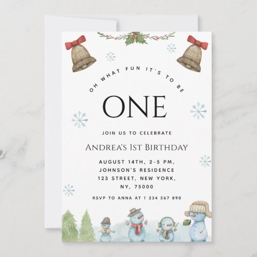 ああ何おもしろい雪だるまクリスマス1st誕生日パーティー 招待状 (正面)