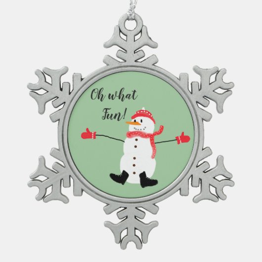 ああ何おもしろい雪だるまセージ緑 スノーフレークピューターオーナメント (正面)