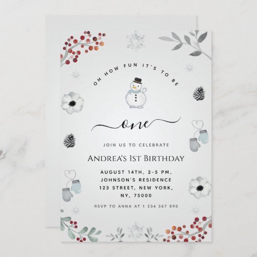 ああ何おもしろい雪だるま冬1st誕生日パーティー 招待状 (正面/裏面)