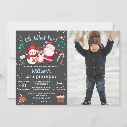 ああ何おもしろい雪クリスマスバースデーパーティー写真 招待状 (正面)