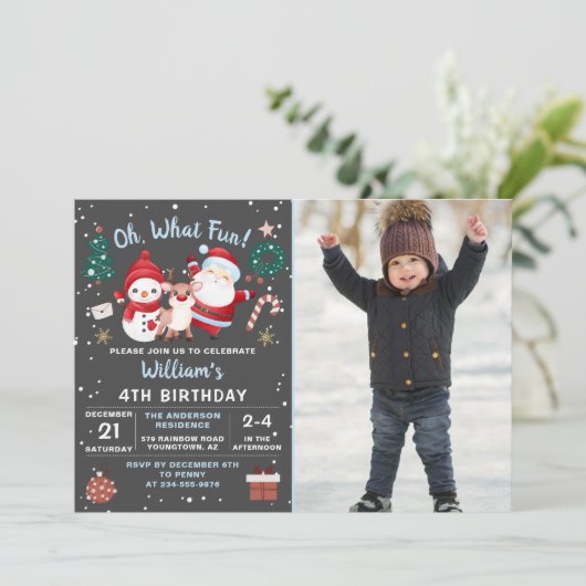 ああ何おもしろい雪クリスマスバースデーパーティー写真 招待状 (スタンド正面)