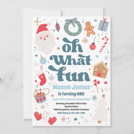 ああ何おもしろい青と赤のクリスマス誕生日パーティー 招待状 (正面)