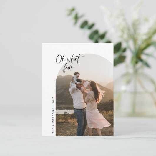 ああ何おもしろい、家族写真、アーチのフレームのグリーティング ポストカード (スタンド正面)