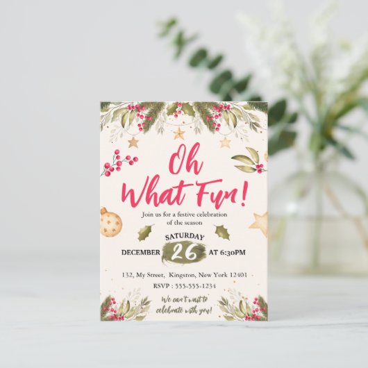 ああ何おもしろい！水色と自然クリスマスパーティー インビテーションポストカード (スタンド正面)