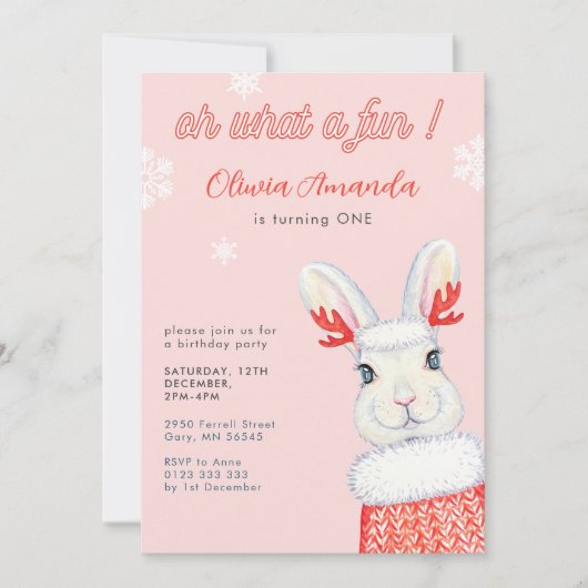 ああ何がおもしろいピンク最初の1歳の誕生日 招待状 (正面)