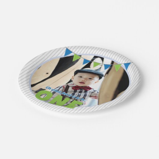 ああ何のおもしろいのワンブルーグリーン最初の誕生日 ペーパープレート (アングル)