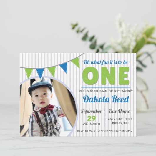 ああ何のおもしろいのワンブルーグリーン最初の誕生日 招待状 (スタンド正面)