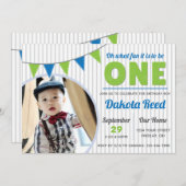 ああ何のおもしろいのワンブルーグリーン最初の誕生日 招待状 (正面/裏面)