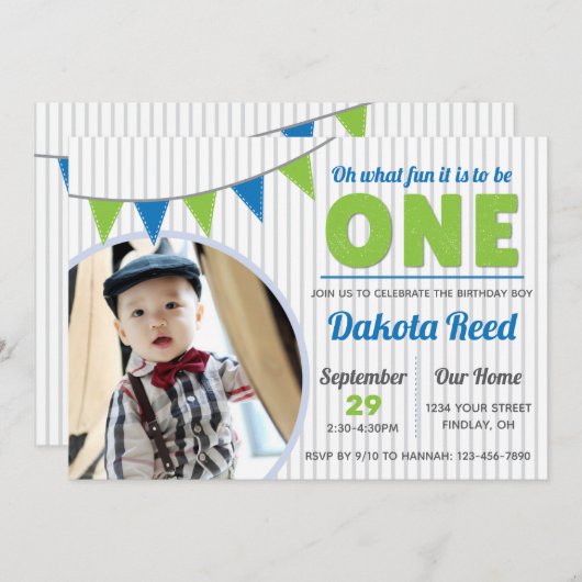 ああ何のおもしろいのワンブルーグリーン最初の誕生日 招待状 (正面/裏面)