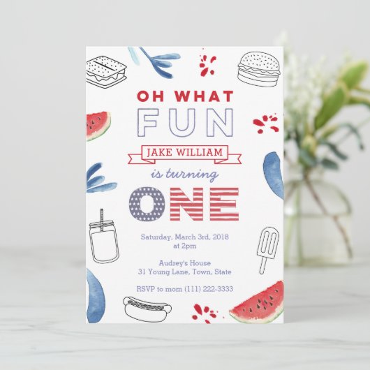 ああ何のおもしろいを1つ、赤白青1歳の誕生日 招待状 (スタンド正面)